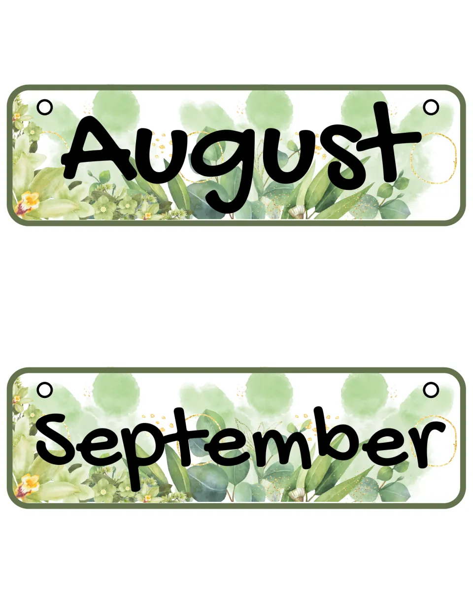 Months of the year: August and September cards in bold print on a background of watercolor eucalyptus greenery