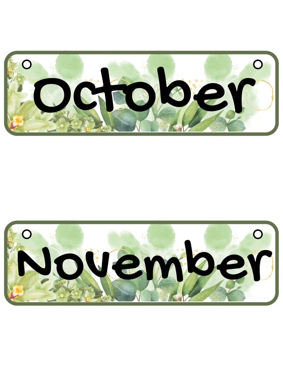 Months of the year: October and November month cards, black lettering over eucalyptus leaves and a small orchid