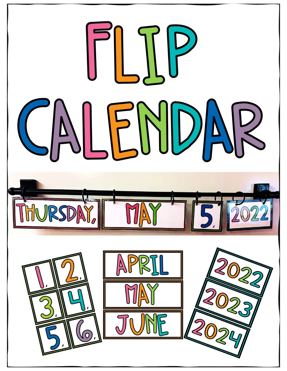 Flip calendar cover: weekday, month, day and year cards hung on a rod with rings, reading Thursday, May 5, 2022