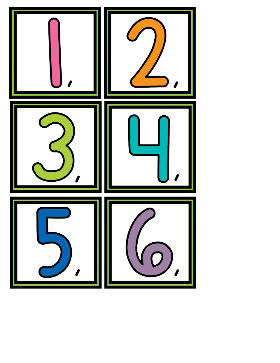 Calendar date cards 1 to 6 in bright colors, each number followed by a comma, to flip into place for today's date