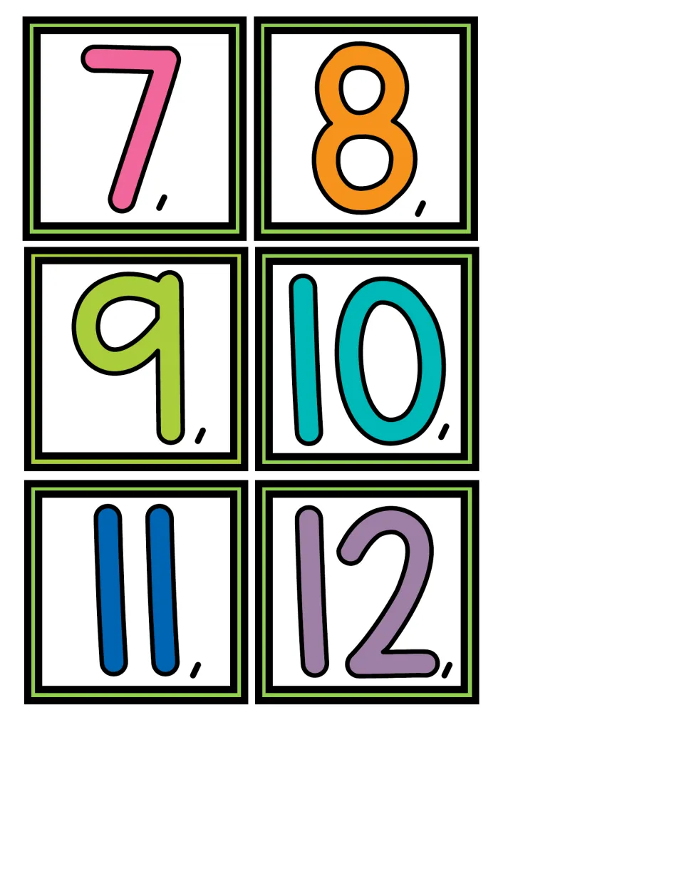 Calendar date cards 7 to 12, each colorful numeral with a comma, for showing the day of the month on the flip display