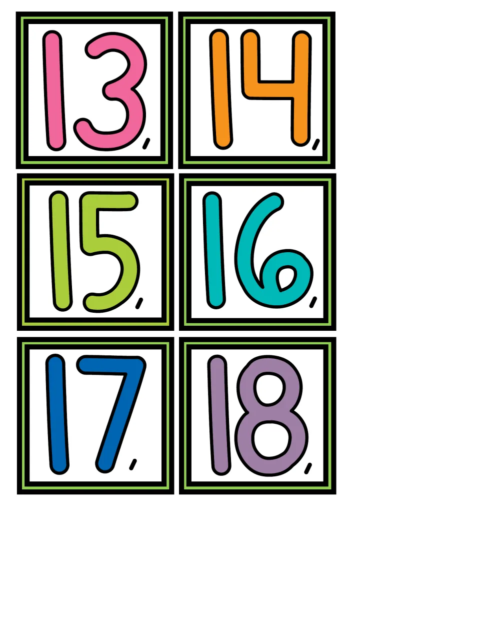 Calendar date cards 13 to 18 with trailing commas, colorful numerals to flip forward each morning during calendar time