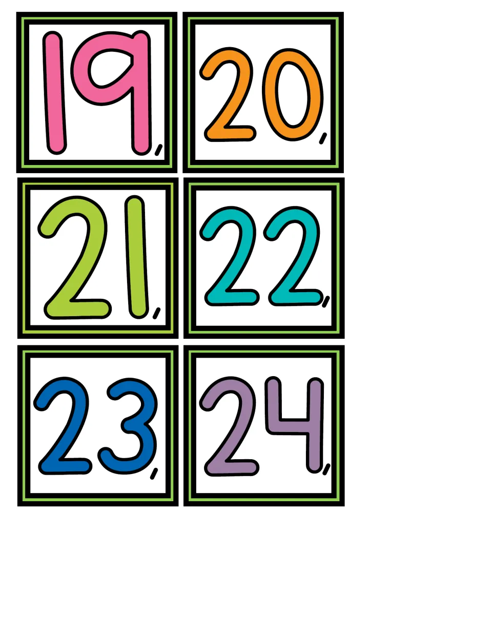 Calendar date cards 19 to 24, colorful numerals with commas, part of the day-of-month set for the hanging date display