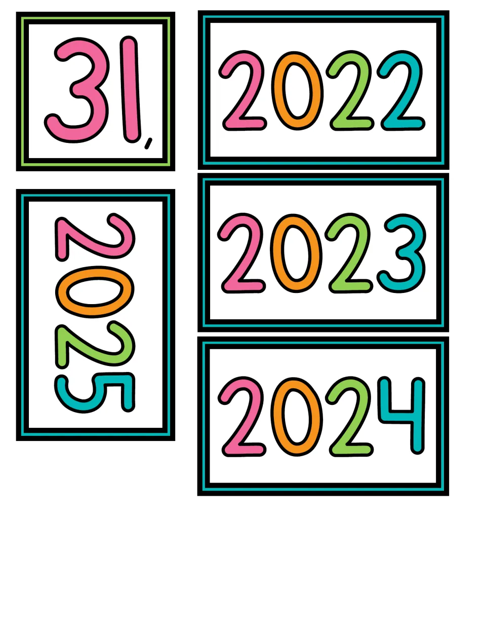 Calendar date card 31 plus year cards for 2022, 2023, 2024 and 2025 to complete the day and year spots on the display