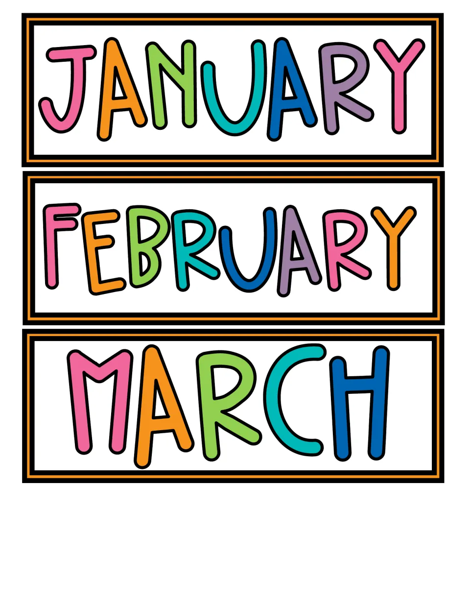 Month name cards: January, February and March in multicolored letters, to flip to the current month on the calendar
