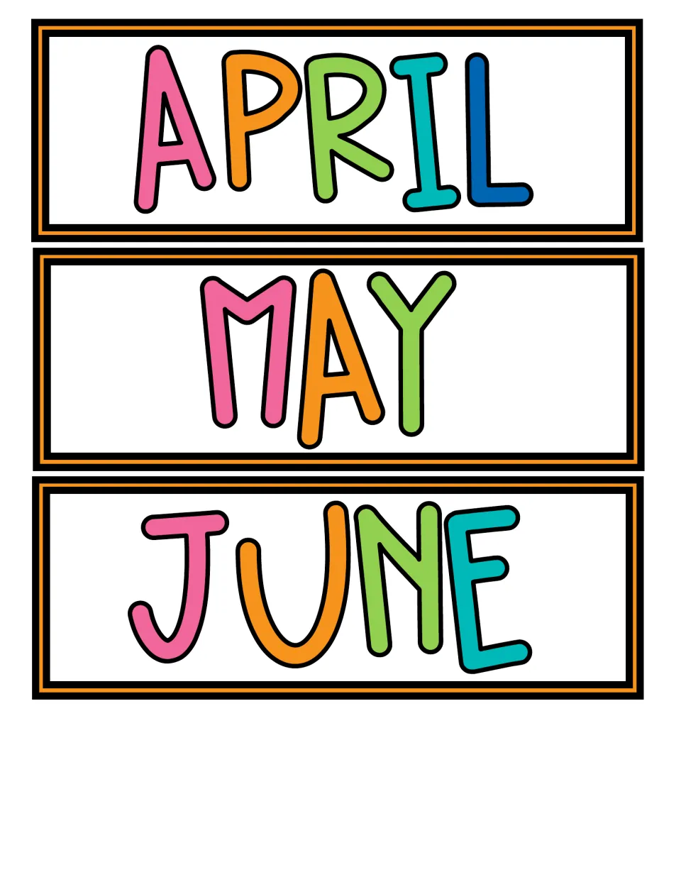 Month name cards: April, May and June in rainbow letters for the month spot of the hanging date display