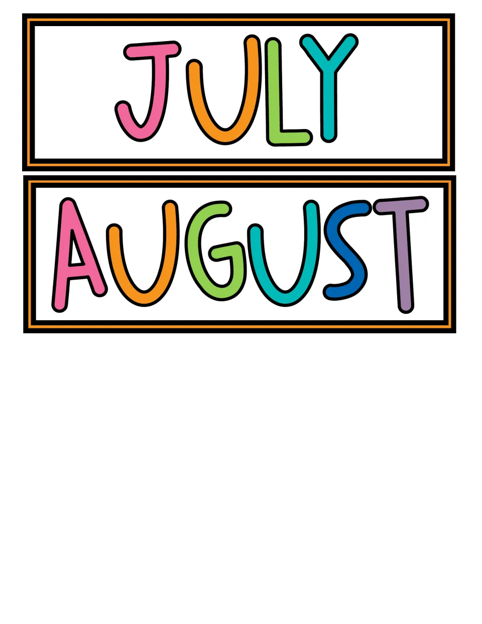 Month name cards: July and August in multicolored letters, the final month cards shown, for the hanging calendar rod