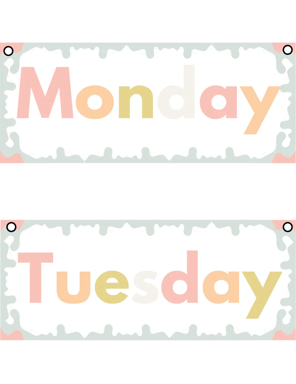 Day-of-week flip cards: Monday and Tuesday in pastel pink, peach and gold letters, with punch holes for binding rings