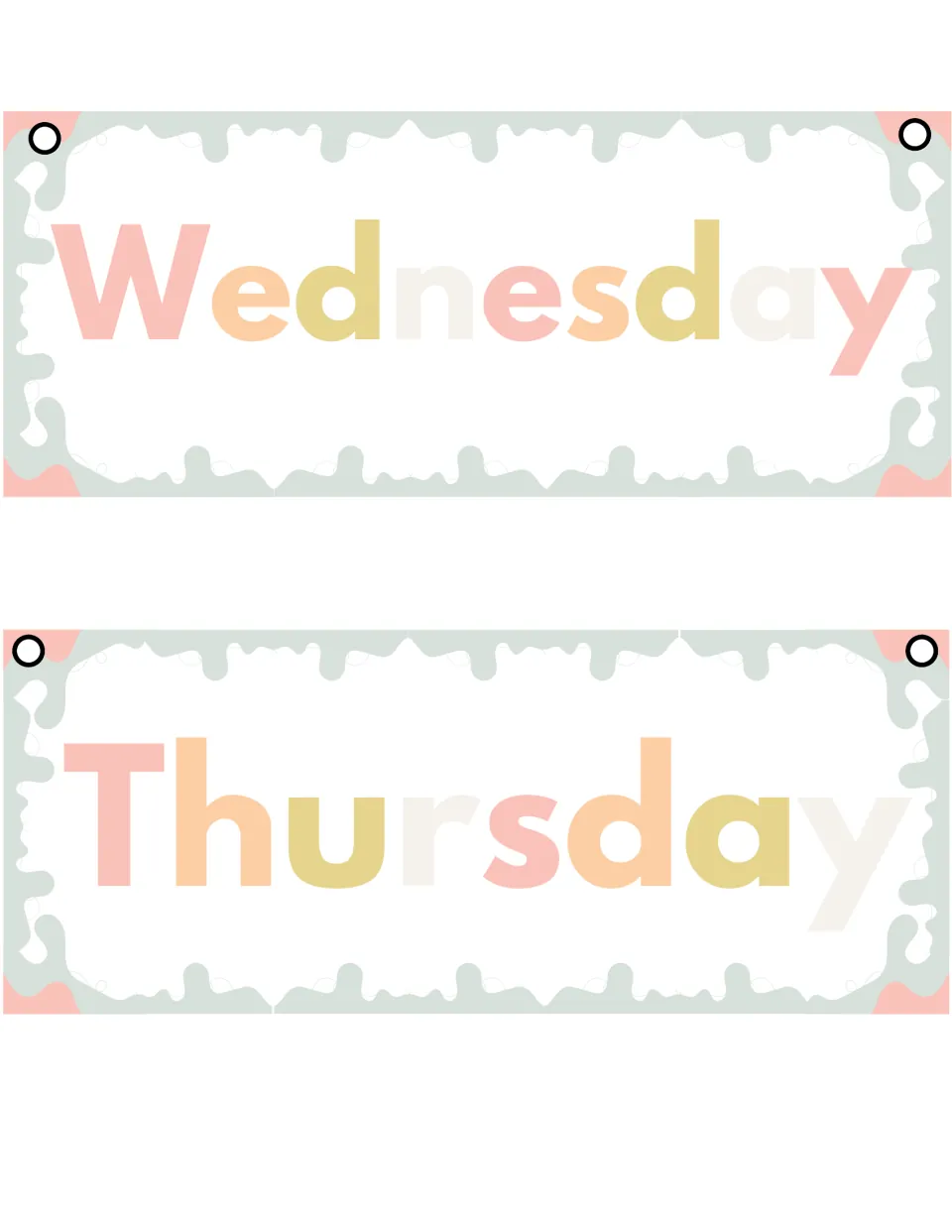 Weekday flip cards reading Wednesday and Thursday in multicolored pastel letters, each card punched at both top corners