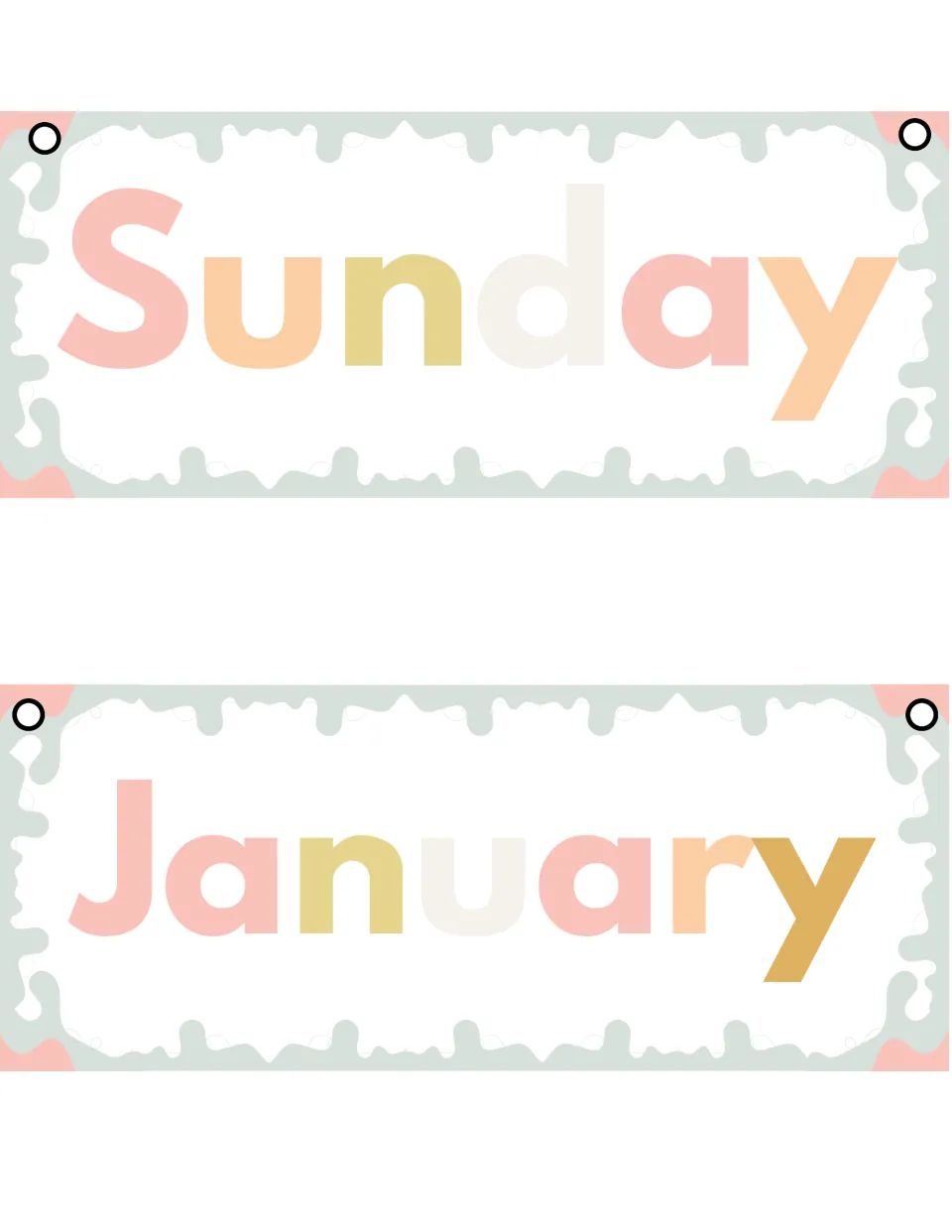 Sunday day card paired with the first month card, January, whose final y is in a darker mustard tone; both hole-punched