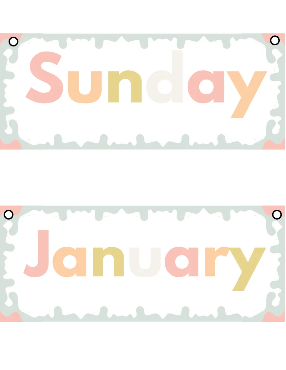 Second Sunday and January card pair with slightly shifted letter colors, January ending in a light gold y, for printing