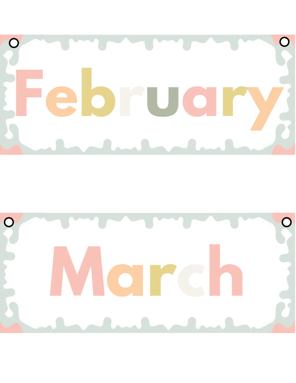 Month flip cards for February and March, the February u in sage green, set in large pastel letters with corner holes