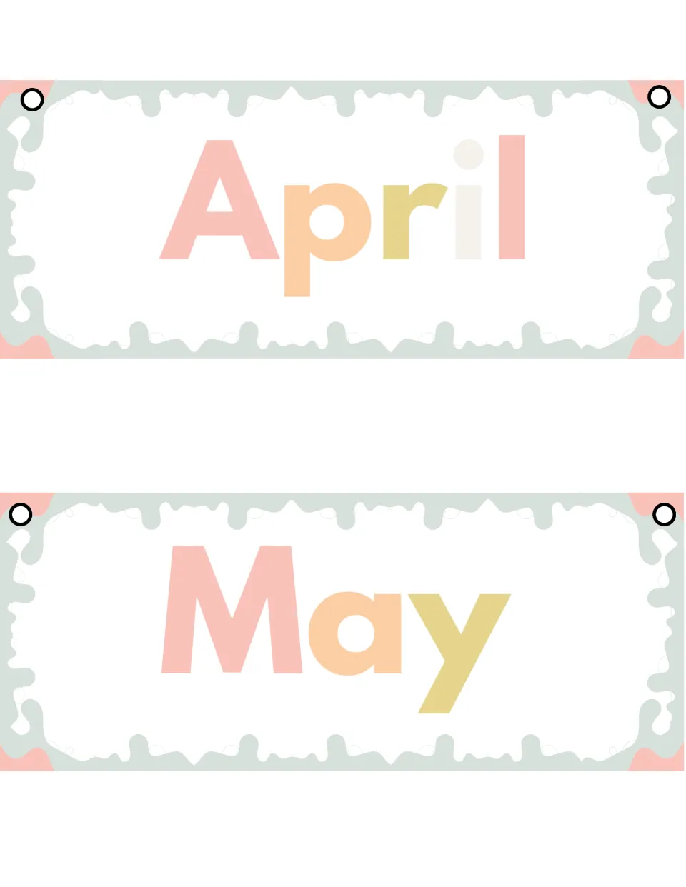 April and May month cards with the names centered in big pink, peach, gold and cream letters, ready to hang on rings