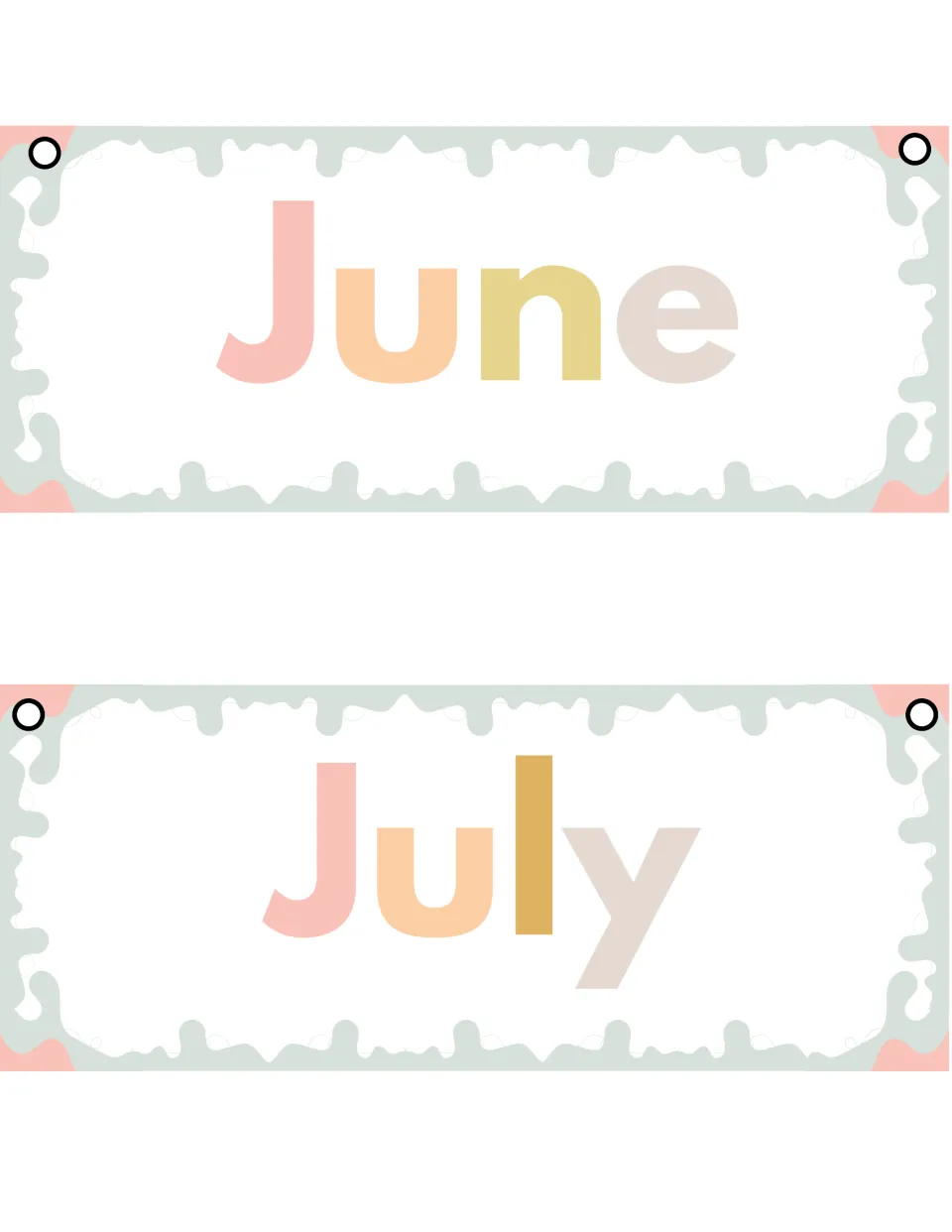 Summer month cards showing June and July in soft boho colors, the July l in deep gold, each with two hanging holes