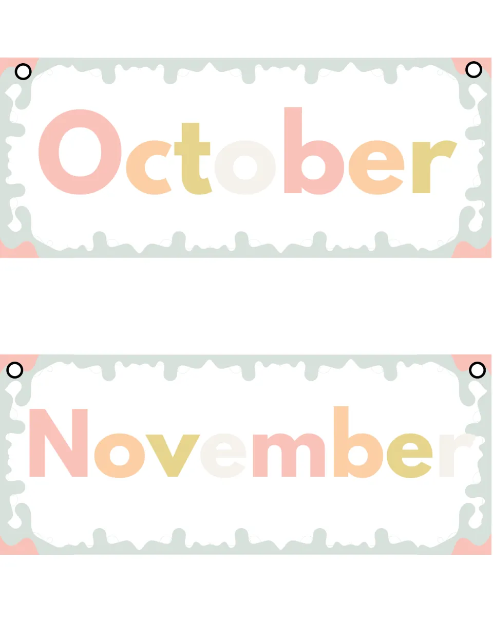 October and November month cards, each name spelled in alternating pink, peach, gold and cream letters with ring holes