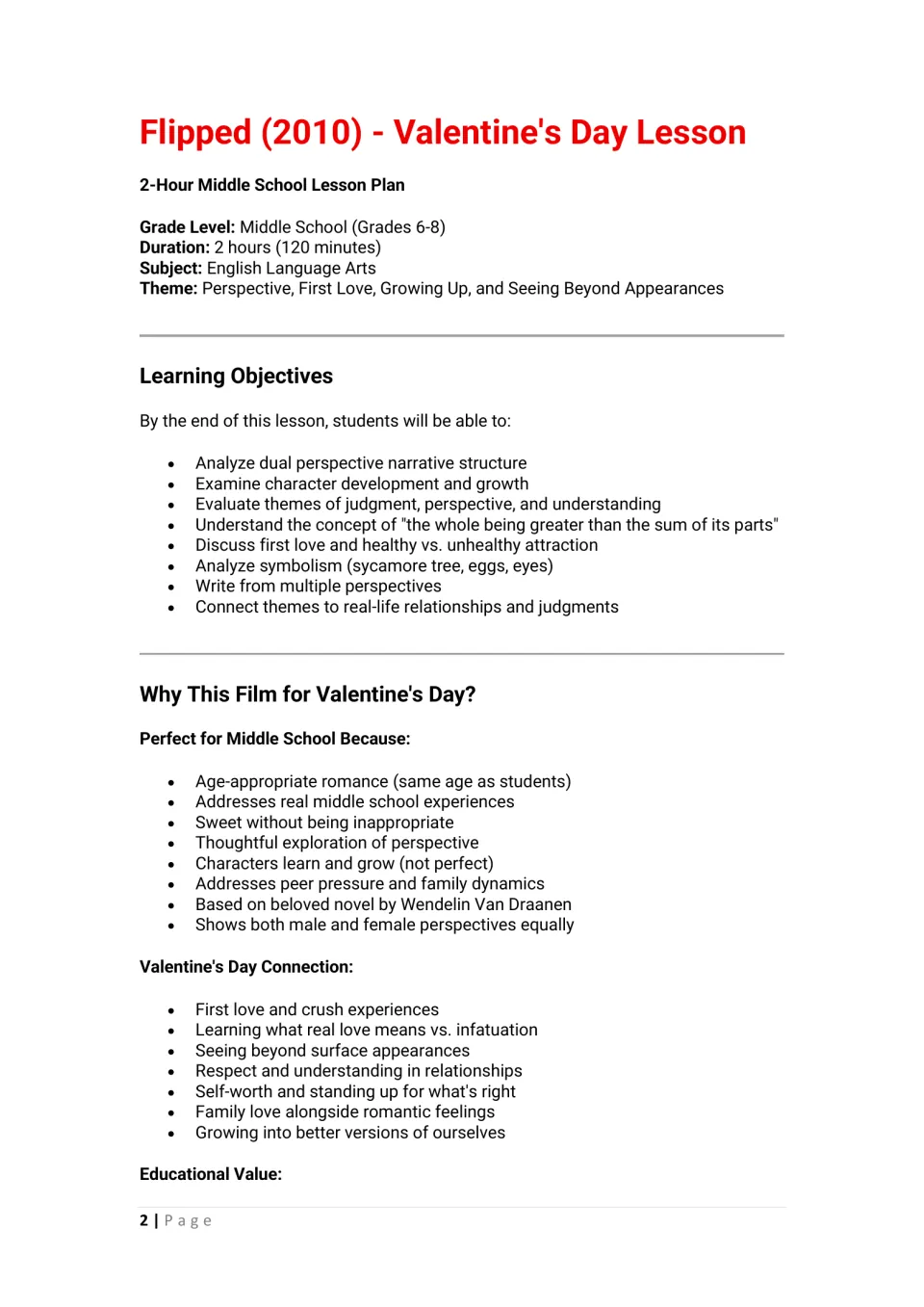 Flipped 2-hour lesson overview: grades 6-8 details, objectives on dual perspective and symbolism, and why the film fits