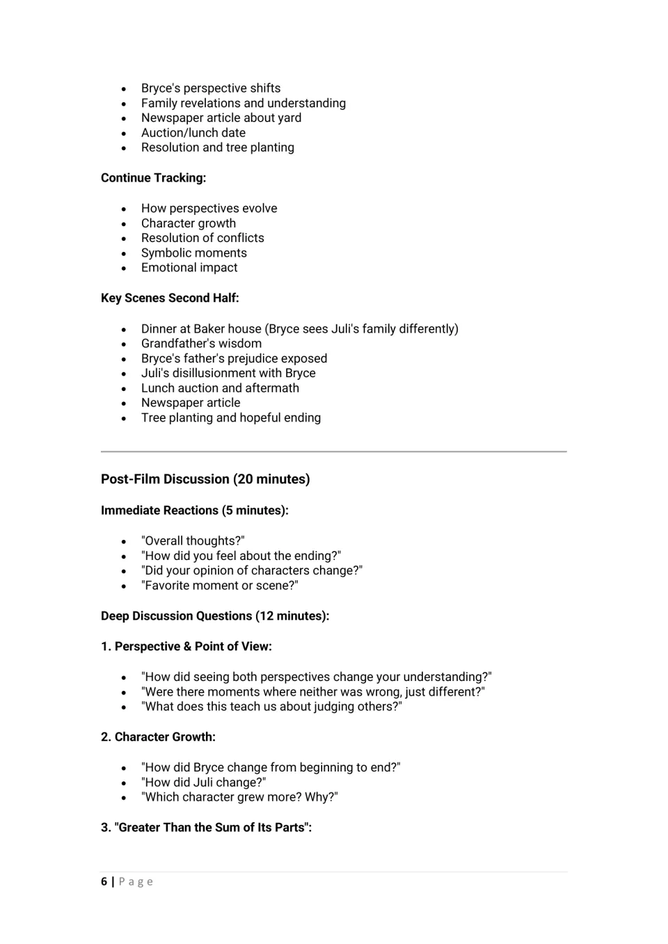 Second-half viewing and debrief: students track evolving perspectives, then discuss point of view and character growth
