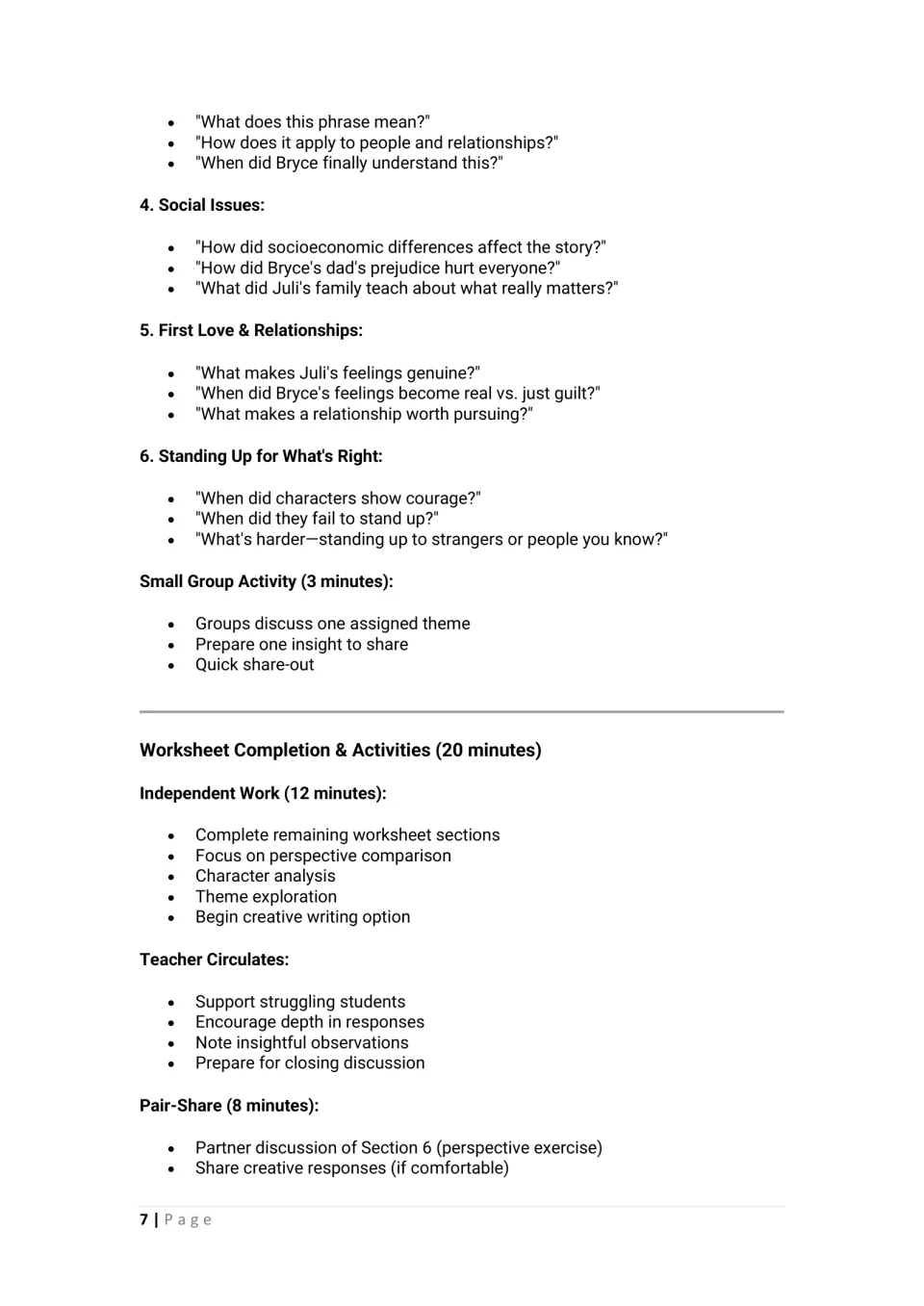 Theme discussion on social issues, first love and courage, then worksheet completion and a Section 6 pair-share