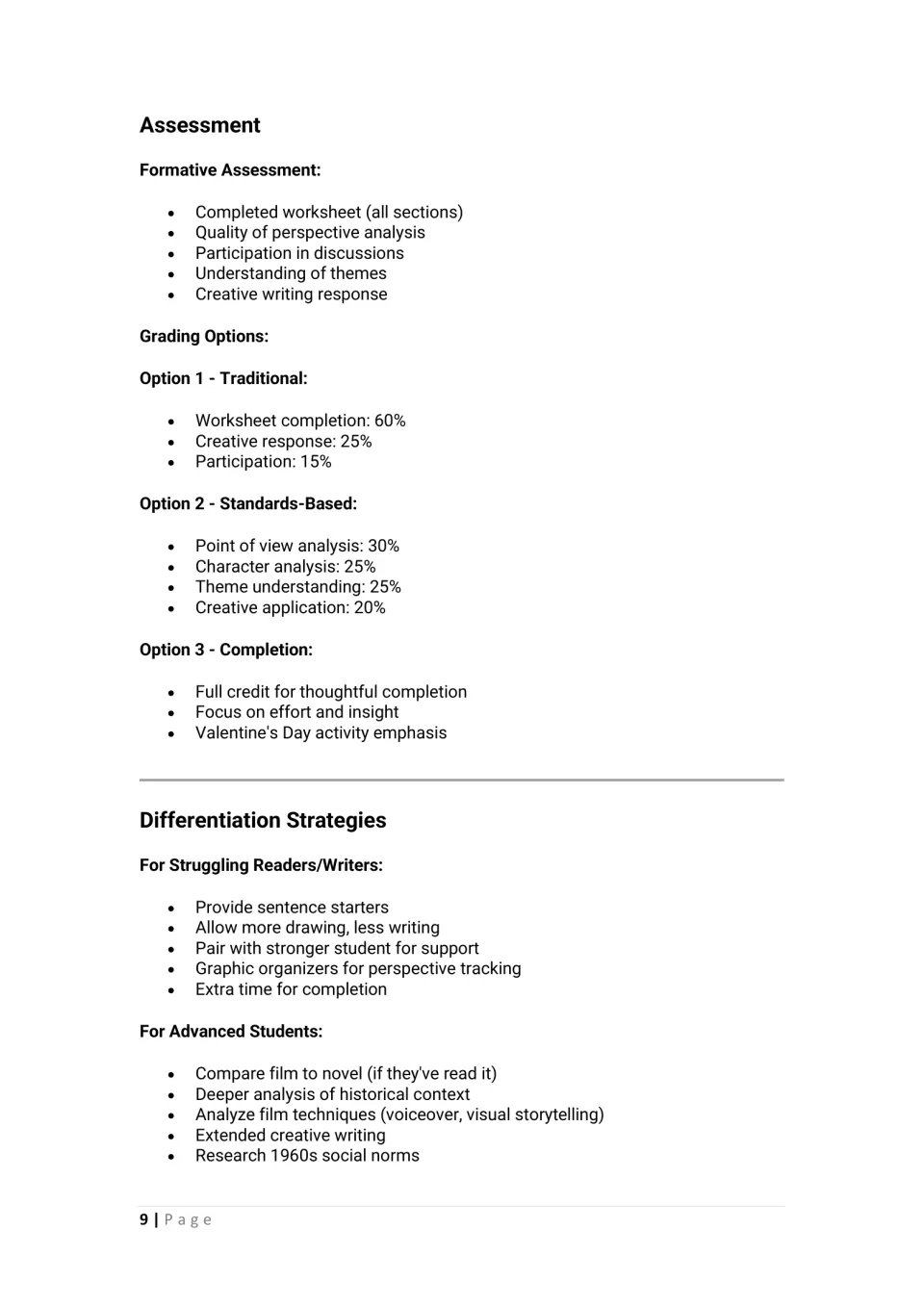 Assessment and differentiation: three grading options, plus supports for struggling readers and advanced students