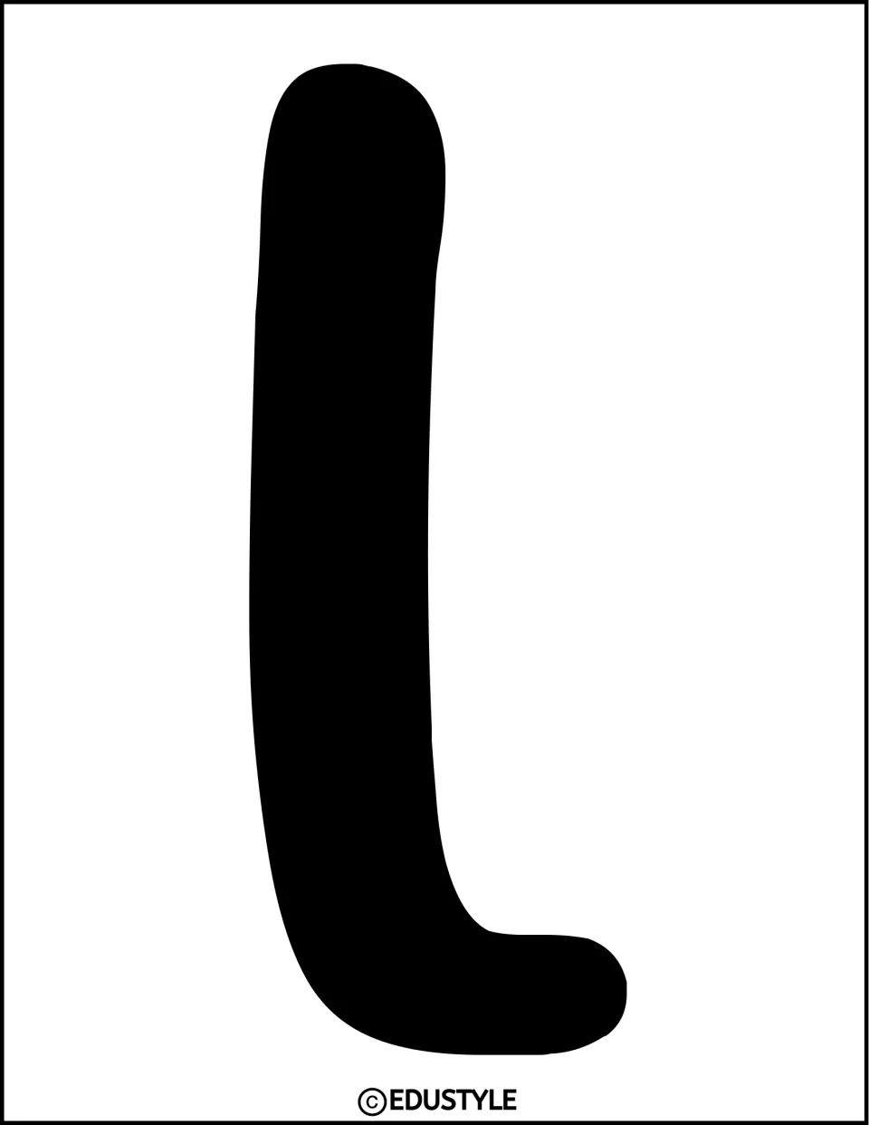 Bulletin board letter template: a tall solid black lowercase l with a curved foot, sized to fill one printed sheet