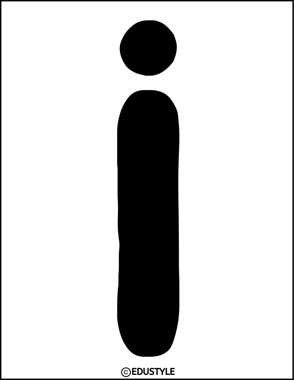 Bulletin board letter template: a solid black lowercase i with a round dot above its stem, printed one per sheet