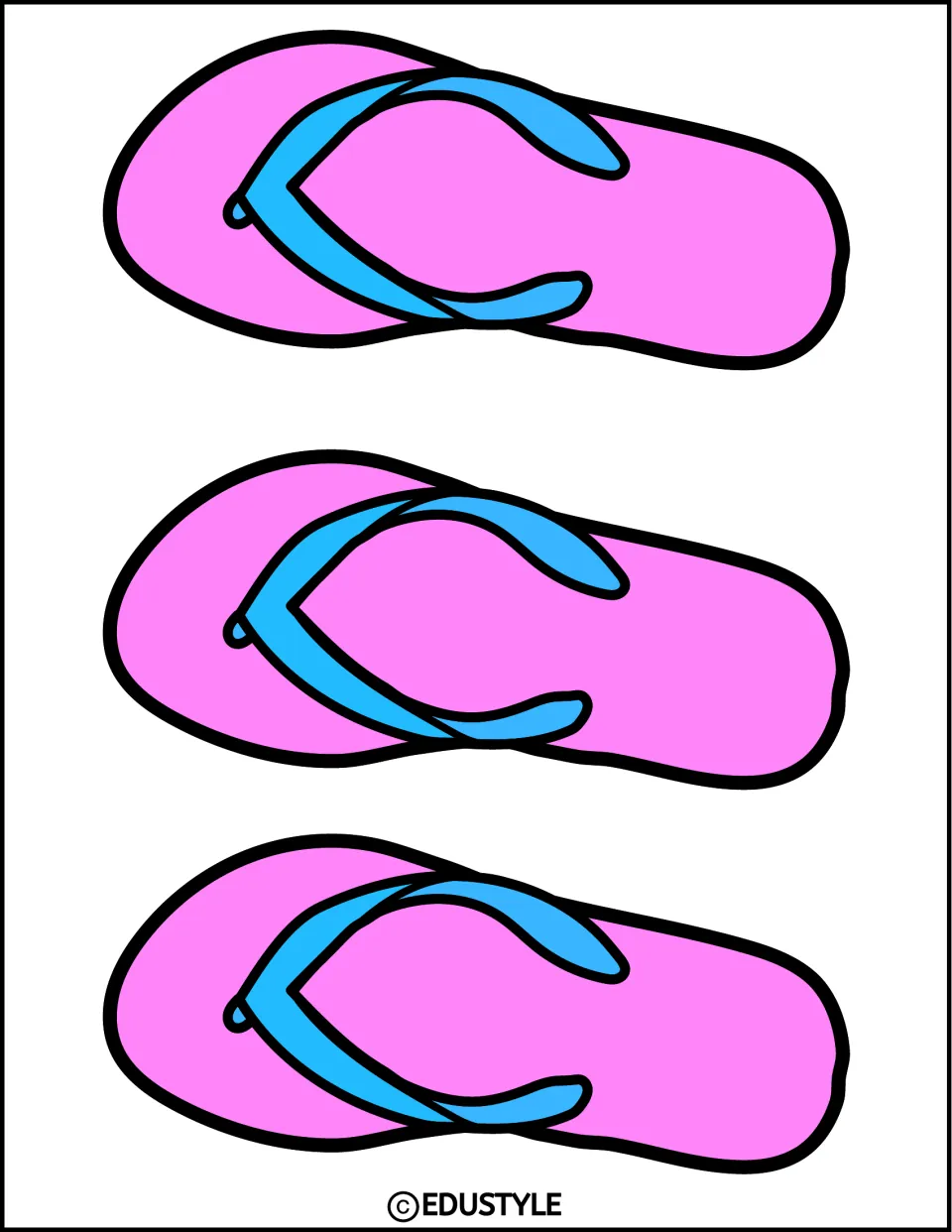 Beach decor cut-outs: three smaller pink flip-flops with blue straps lying sideways in a stack down the sheet