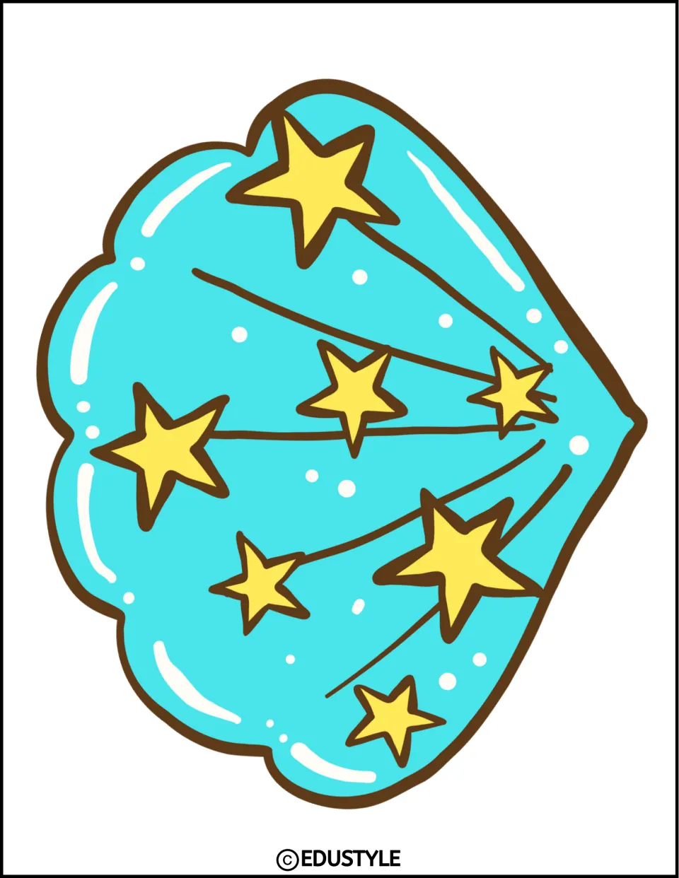 Turquoise seashell cutout with yellow stars and stripes, turned sideways and filling the page as a bold display accent