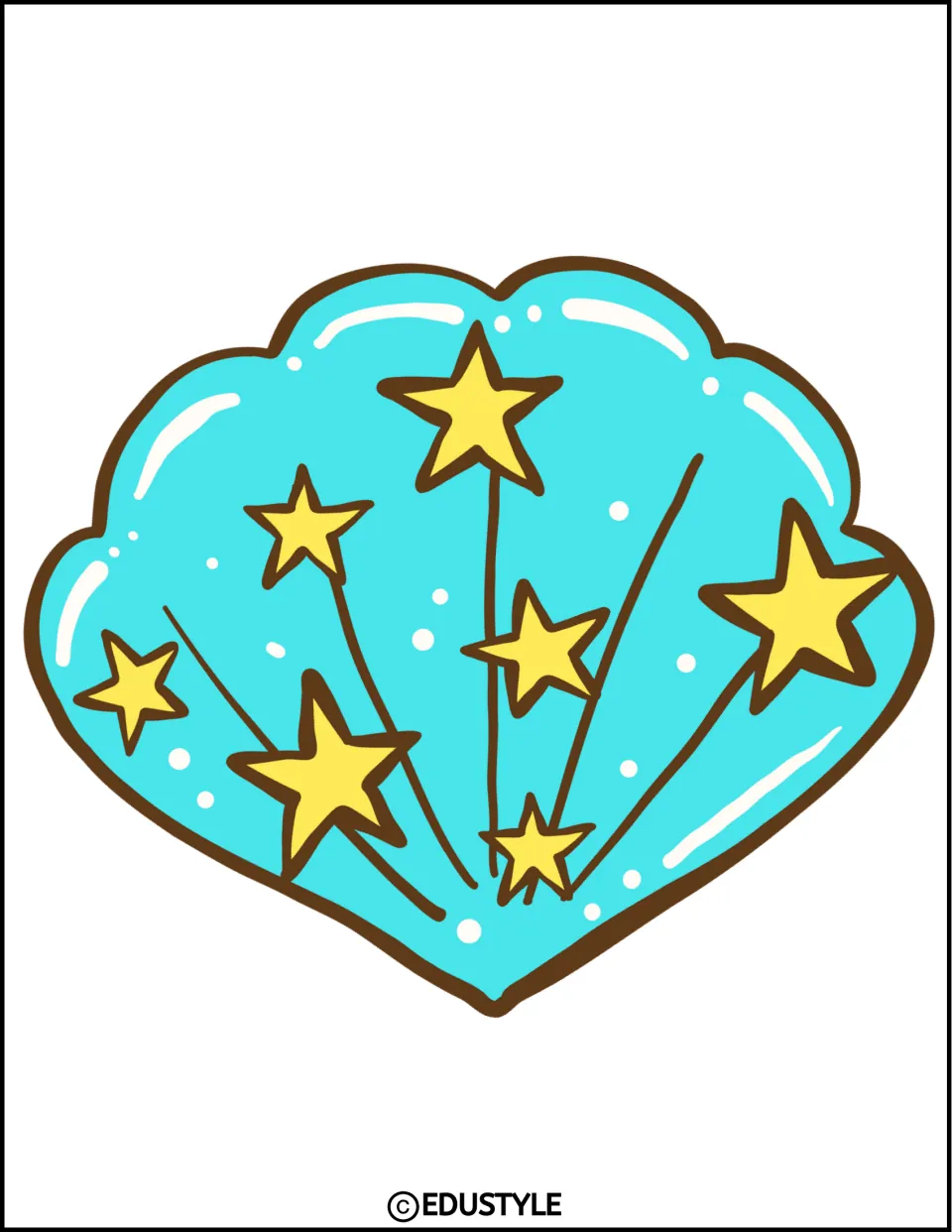 Upright turquoise scalloped shell with yellow star bursts, one large cutout to decorate a classroom door or bulletin board