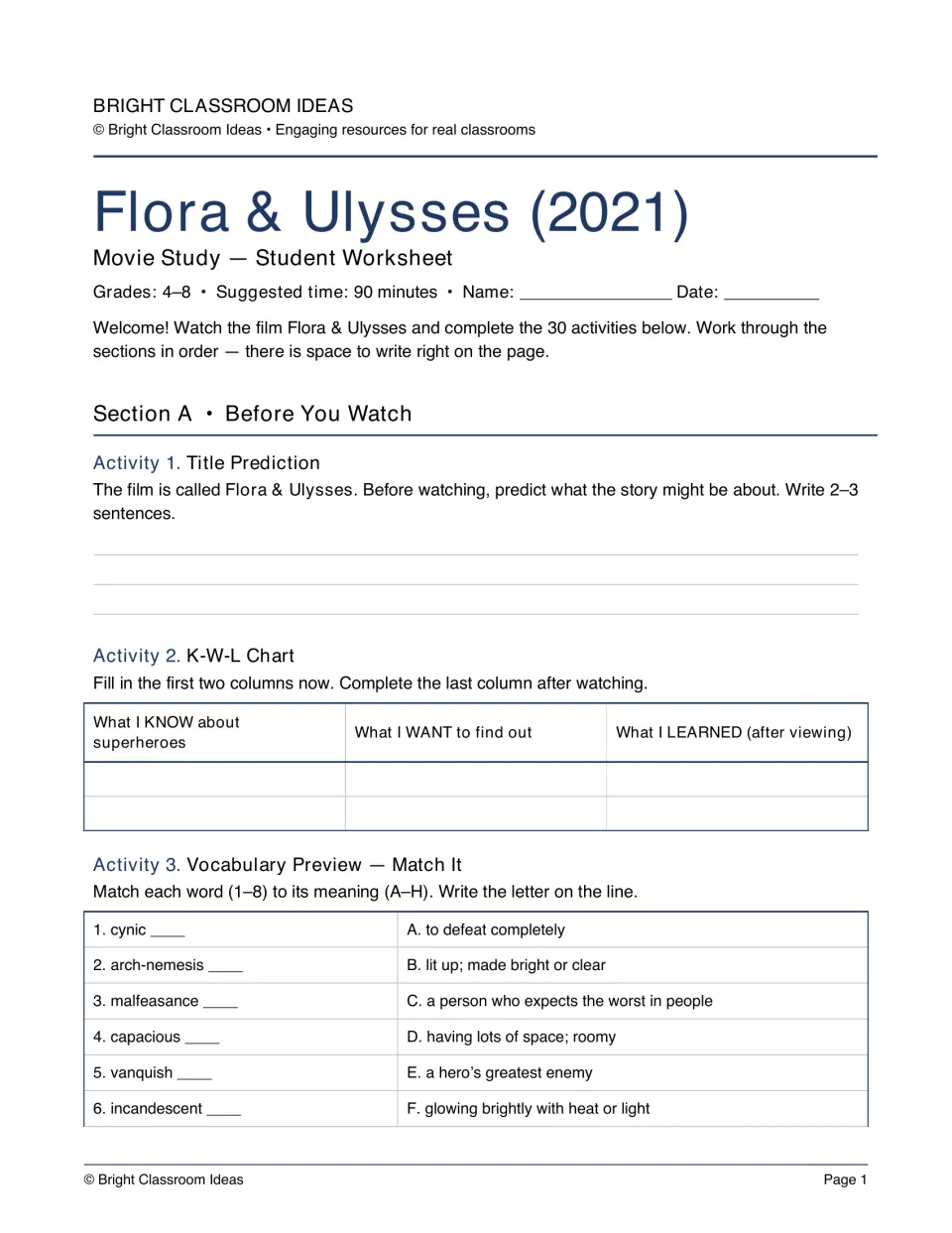 Flora & Ulysses movie study opener: students predict the plot, start a K-W-L chart on superheroes and match vocab words