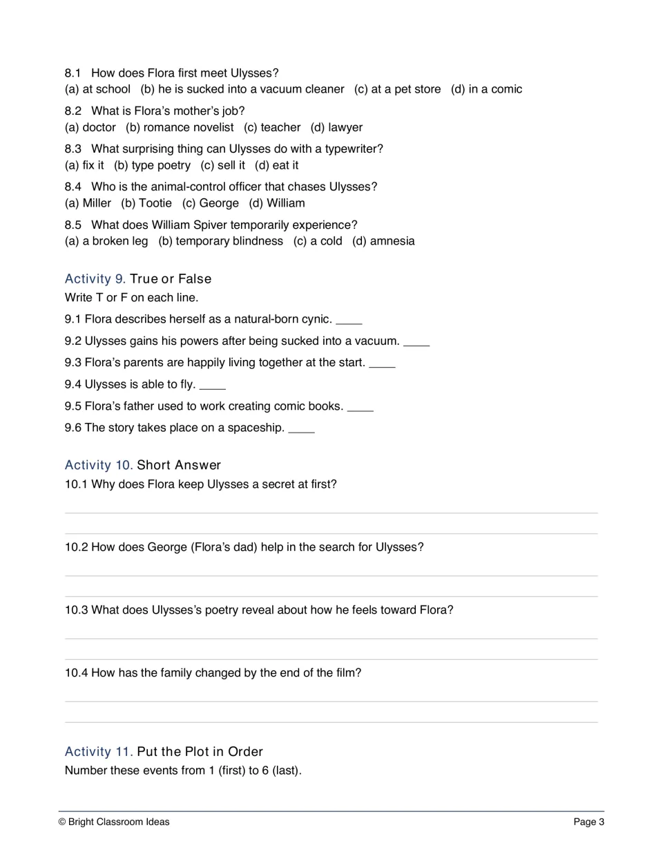 Film comprehension check: multiple choice on how Flora meets Ulysses, six true or false items and four short answers