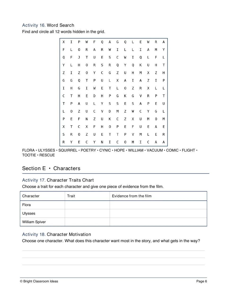 Word search of 12 story words like squirrel and cynic, then a traits chart with film evidence and a motivation prompt