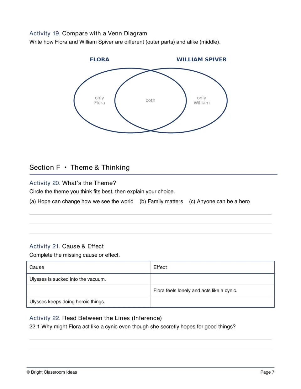 Venn diagram comparing Flora and William Spiver, then picking a theme, cause and effect pairs and an inference question