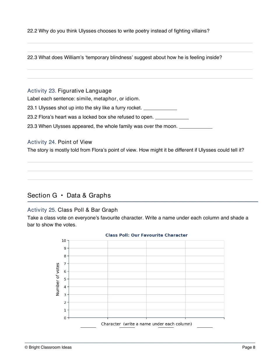 Inference and figurative language: label a simile, metaphor and idiom, answer a point-of-view prompt and graph a class poll