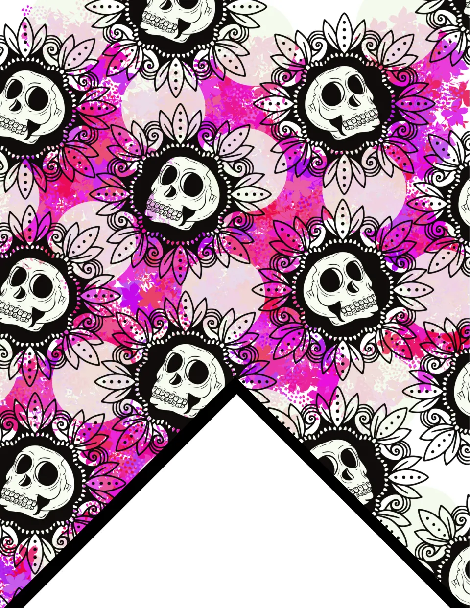 Printable pink floral skull bunting flag, featuring repeating skulls surrounded by petals for classroom display