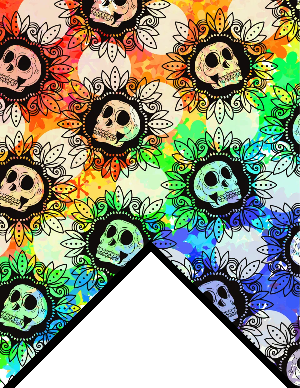 Printable rainbow floral skull bunting flag with orange, green, and blue floral color areas for classroom display
