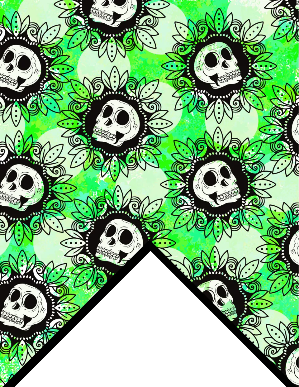 Printable green floral skull bunting flag, featuring repeating skulls surrounded by petals for classroom display
