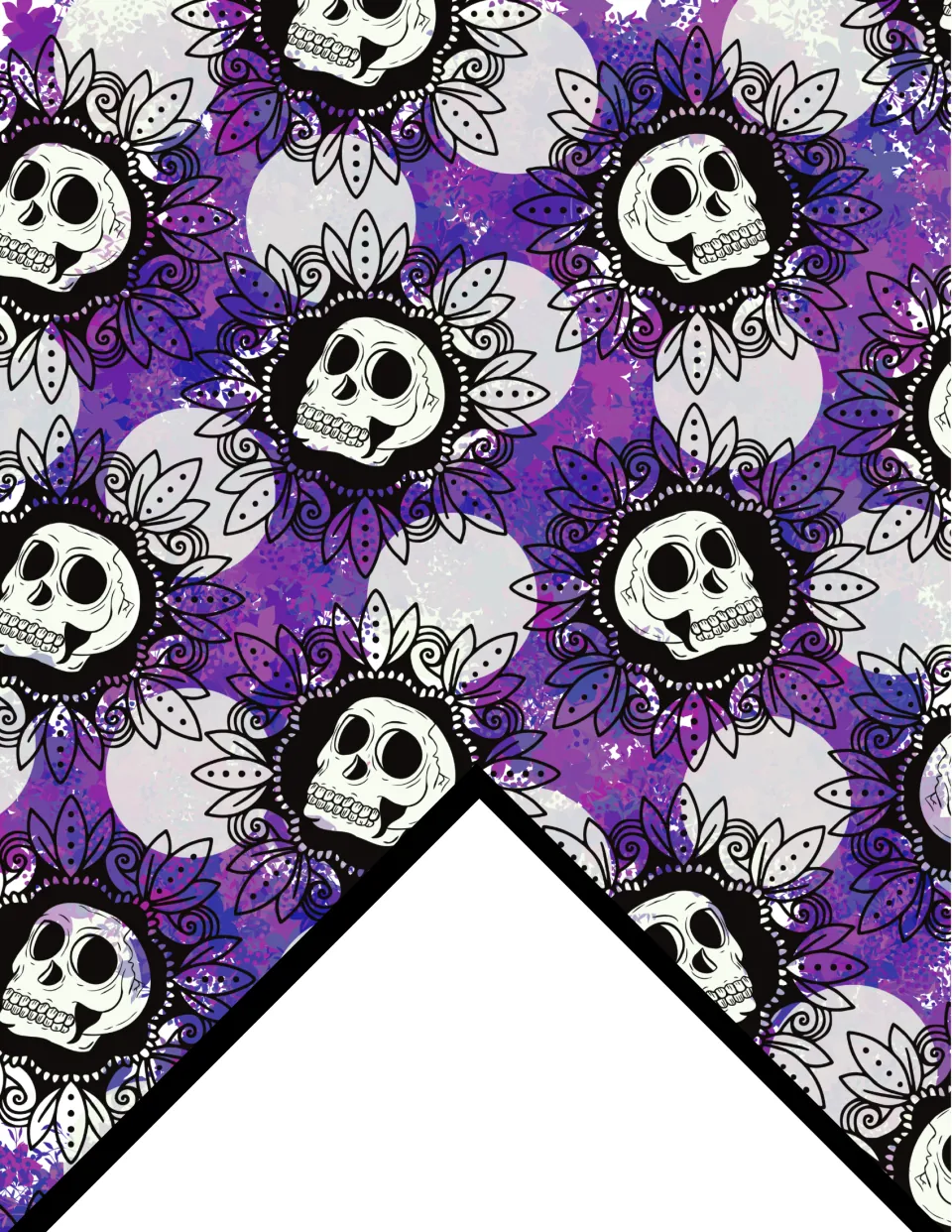 Printable purple floral skull bunting flag, featuring repeating skulls surrounded by petals for classroom display