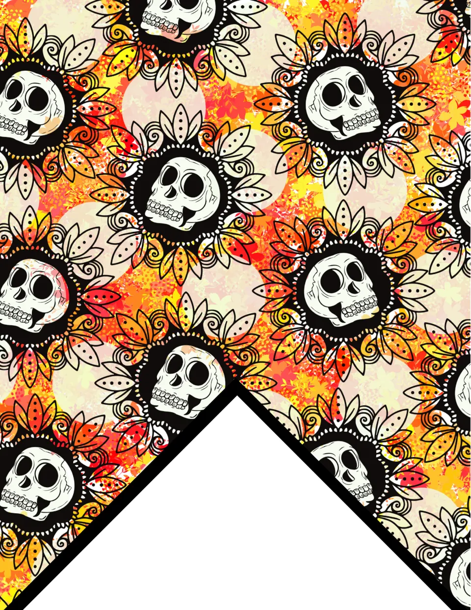 Printable yellow and orange floral skull bunting flag with repeating skull-and-flower motifs for classroom display