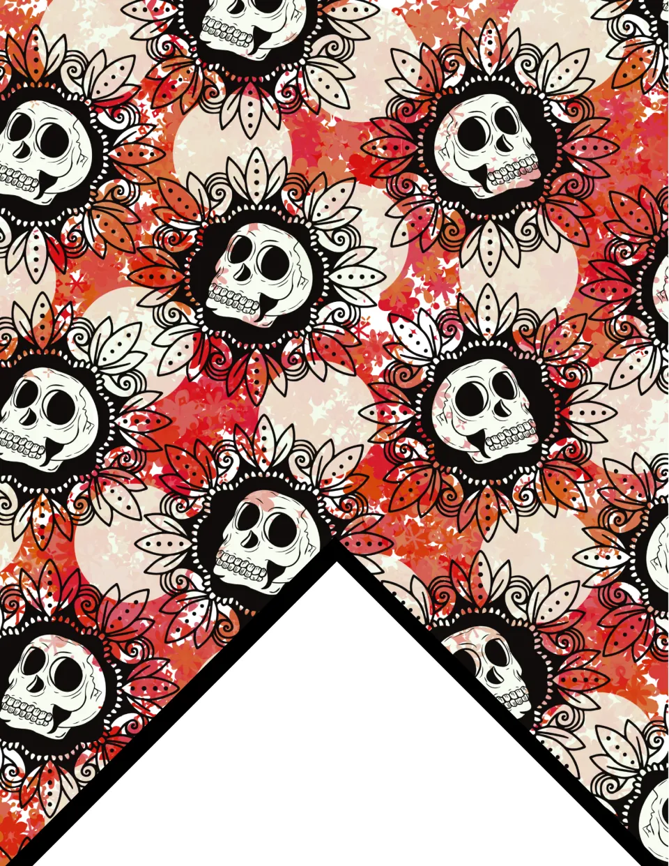 Printable red and orange floral skull bunting flag with repeating skull-and-flower motifs for classroom display