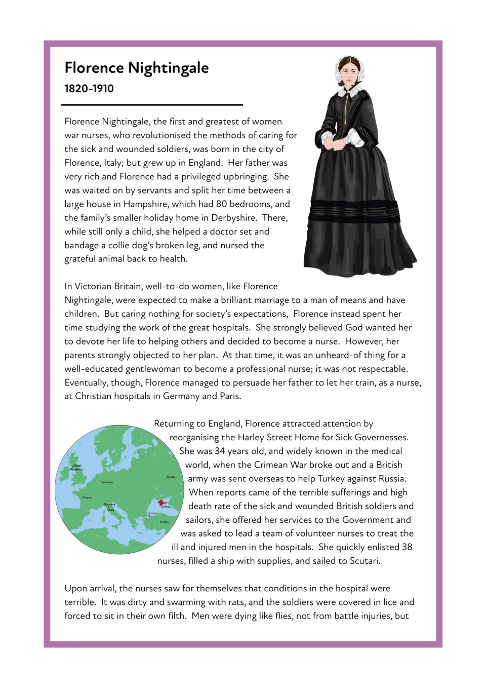 Biography of Florence Nightingale, 1820-1910: her childhood, choosing nursing, and sailing to Scutari, with a Europe map
