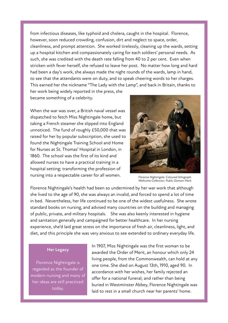 Biography continued: Lady with the Lamp, founding a nurses' training school, later life, and a Her Legacy summary