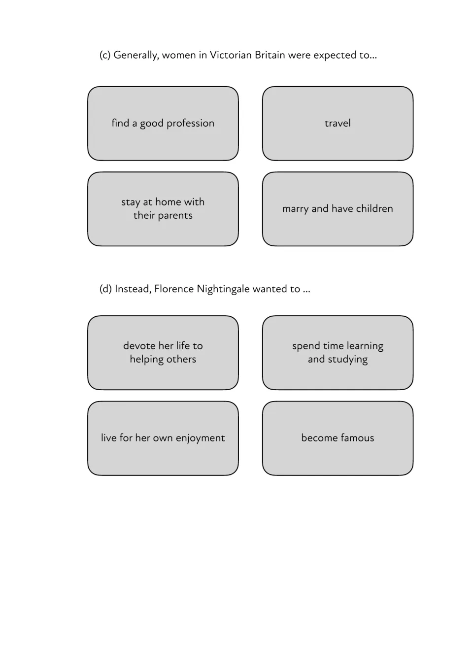 Question 4 (c)-(d): students circle what Victorian women were expected to do and what Florence wanted to do instead