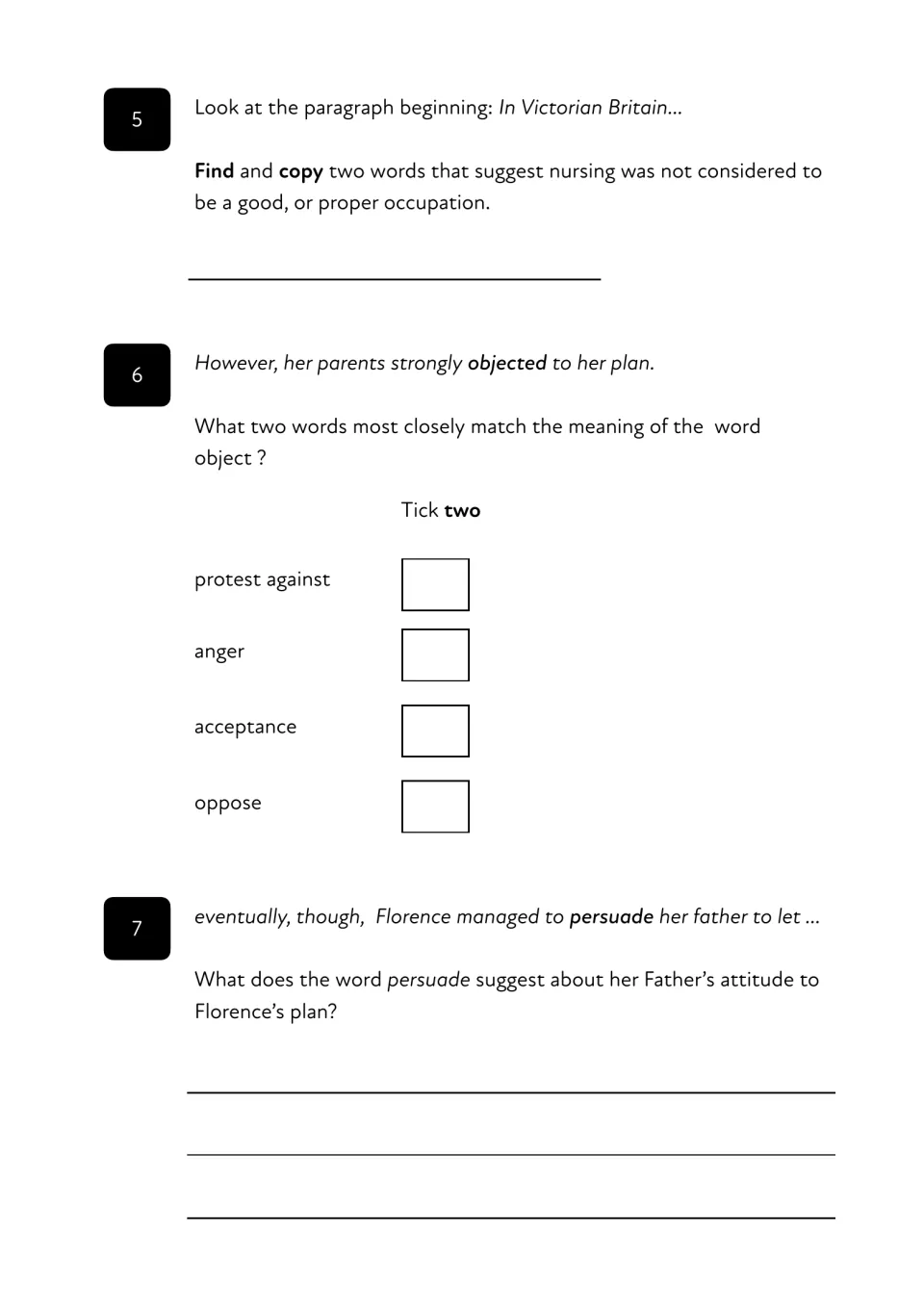 Questions 5-7: copy words showing nursing was seen as improper, tick two synonyms for object, explain what persuade suggests