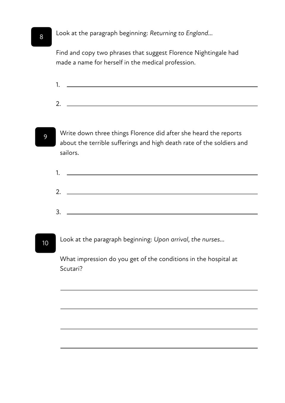 Questions 8-10: copy phrases showing her fame, list three actions after the war reports, and describe Scutari hospital