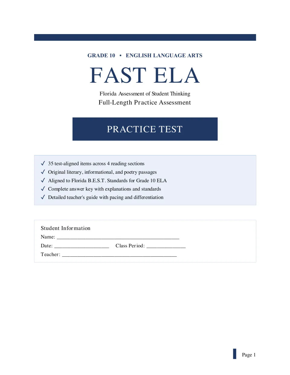 FAST ELA practice test title page listing 35 items in 4 reading sections, with name, date, period and teacher lines