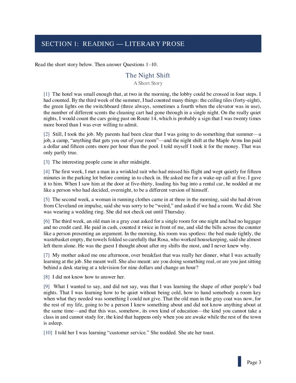 Section 1 literary prose: students read "The Night Shift," a short story about a teen's summer job at a hotel desk