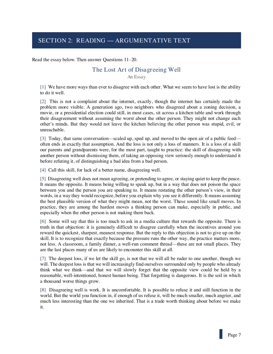 Section 2 argumentative text: students read the essay "The Lost Art of Disagreeing Well" before Questions 11–20