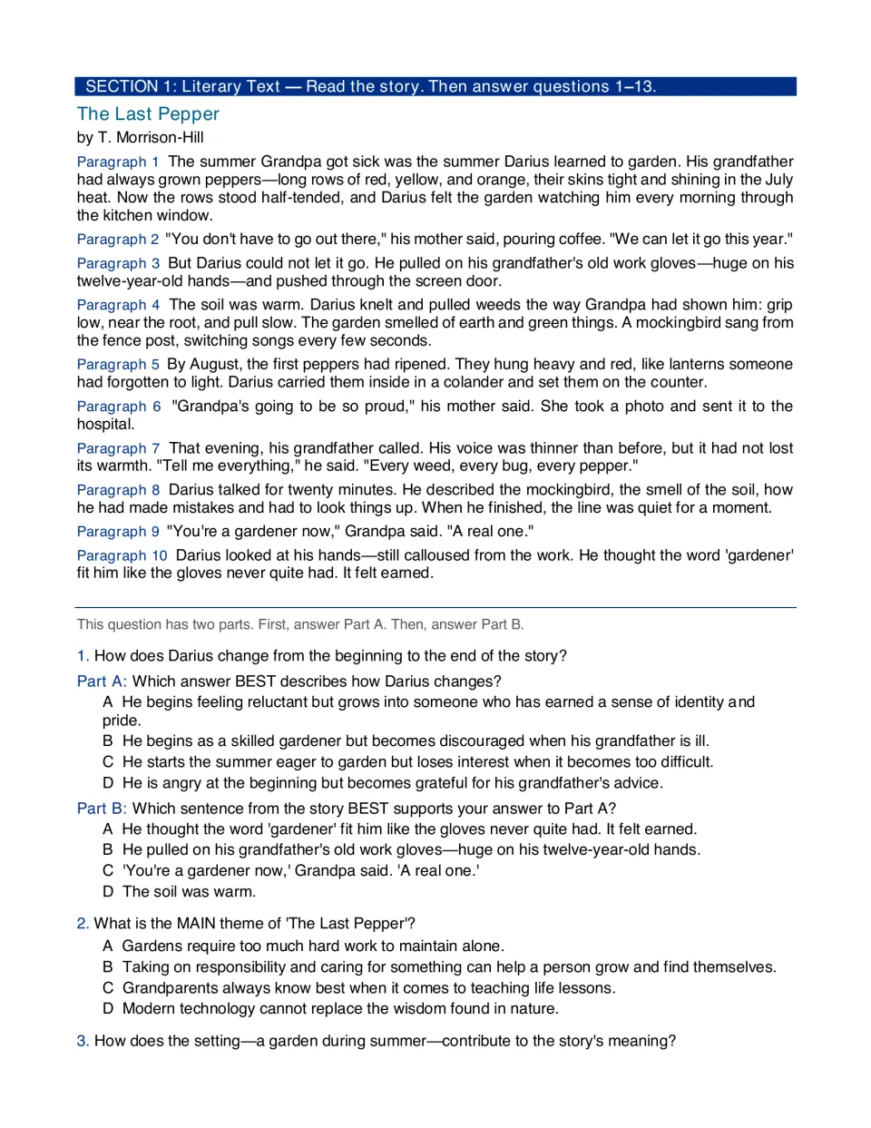Literary text 'The Last Pepper': students read a garden story, then answer questions 1-3 on character change and theme