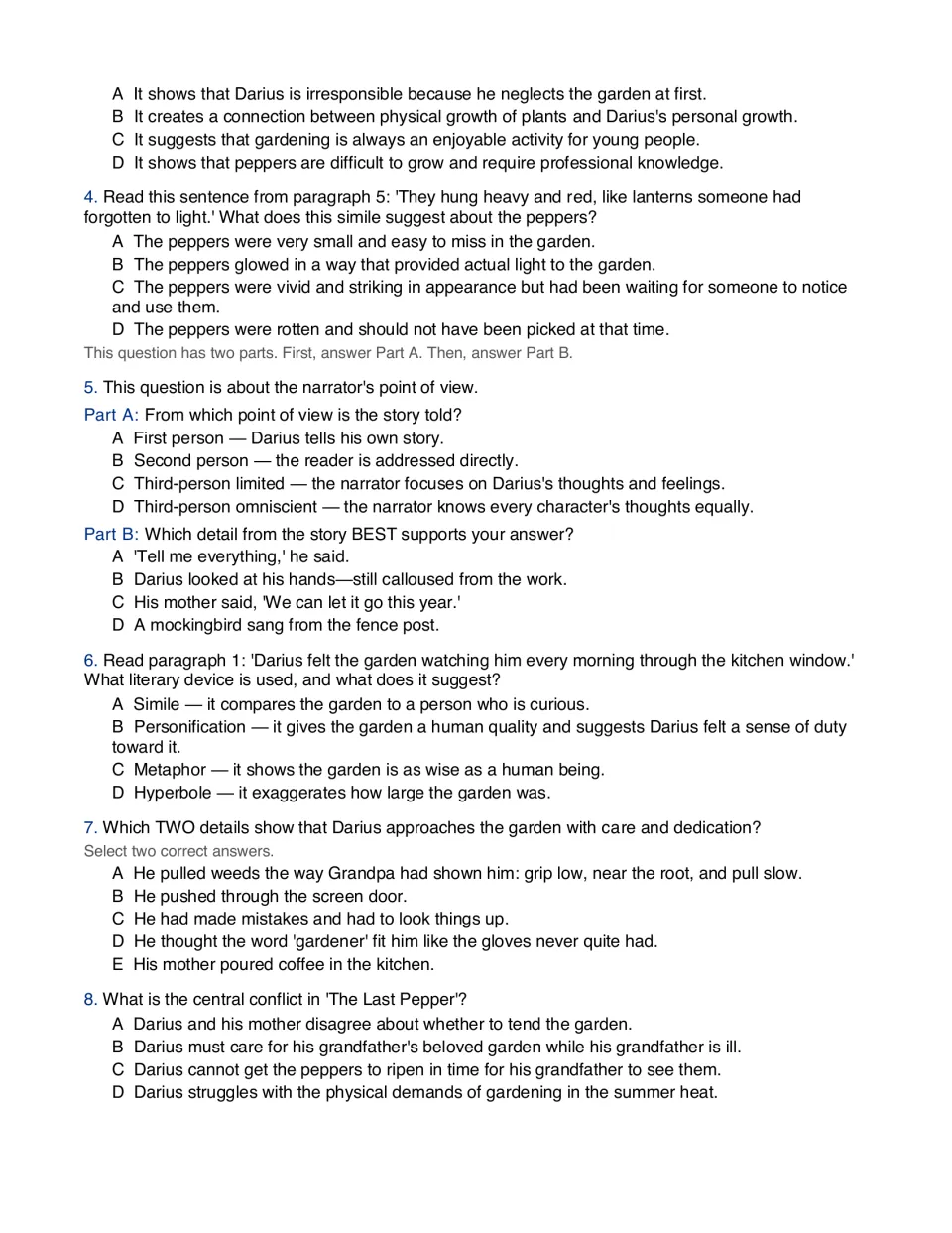The Last Pepper questions 4-8: students analyze a simile, point of view, personification and the story's central conflict