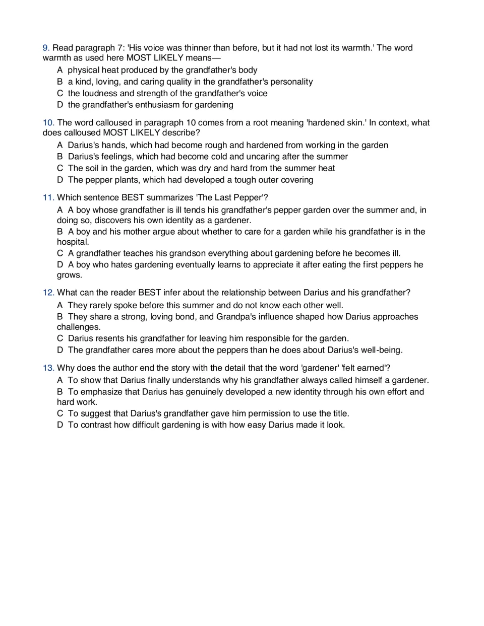 The Last Pepper questions 9-13: students define warmth and calloused in context, pick a summary and infer a relationship
